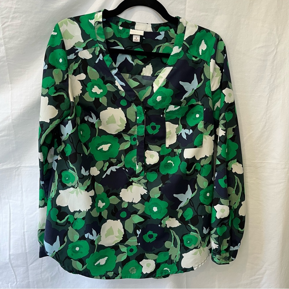 Merona Green/Navy Blue Floral Blouse, Size Small